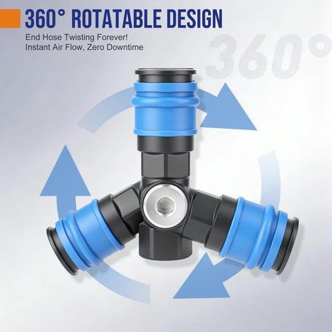 Two Way Air Hose Splitter For Compressors One Quarter NPT Quick Connect Fittings Steel Coupler With 360 Degree Swivel