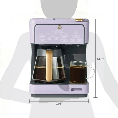 Total Game Changer Multi Brew Coffee Maker 12 Cup Glass Carafe Plus Single Serve Brewer For Pods Or Grounds Brews Over Ice No Fuss Touchscreen Dope Lavender Finish with glass carafe and cup.