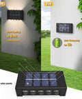 Six Pack Solar Outdoor Lights With 10 LED Waterproof Dusk To Dawn Fence Wall Deck Step Lighting Garden Pathway Yard Patio Warm White Glow For Outdoor Spaces showcasing day and night operation with solar charging efficiency