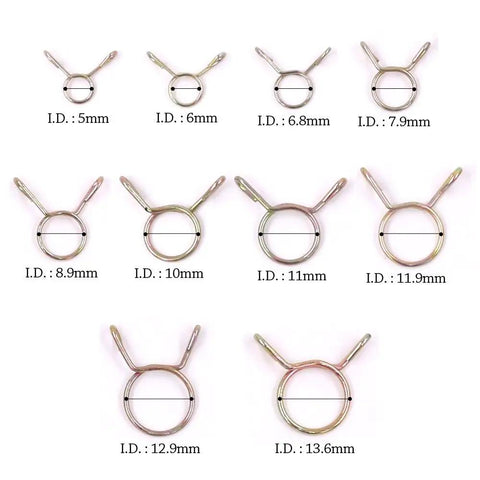Heavy Duty Fuel Line Hose Clamp Kit 250 Pieces With 10 Sizes From 5mm To 14mm Iron Zinc Plated Clips arranged by size