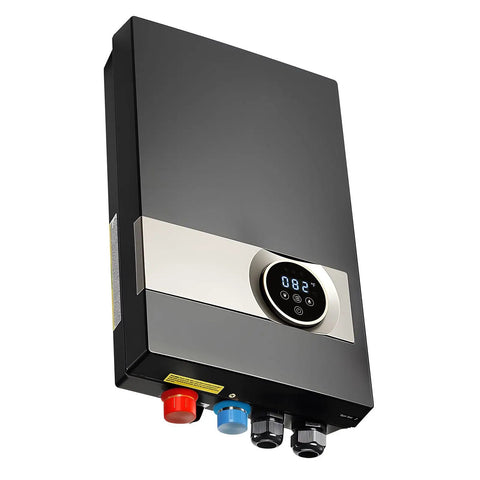 Tankless Electric Water Heater Delivers Instant Hot Water Under Sink For Bathroom Cabinet Or Kitchen Counter Featuring sleek matte black design and digital display.