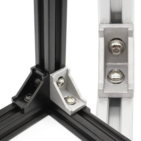 10 Series Aluminum Extrusion Corner Bracket Set With 1x1 Inch 90 Degree Connectors, installed on 1010 profile rails, showing bolts and nuts.