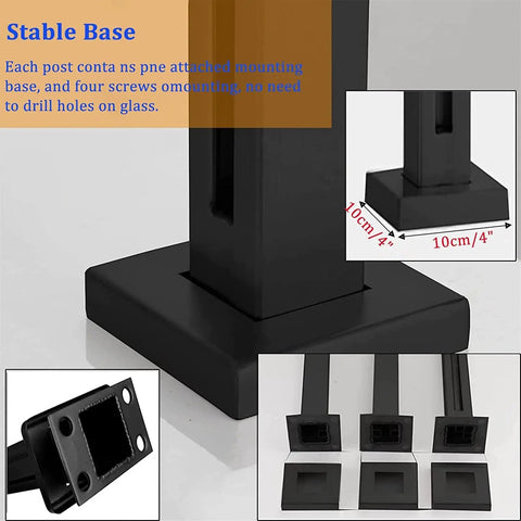 Stable mounting base of Black Steel Glass Railing Kit for wide decks with 10cm dimensions for easy installation.