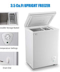 3.5 Cubic Feet Deep Chest Freezer With Adjustable Thermostat Compact Freestanding Mini Freezer In Black with open lid and storage basket.