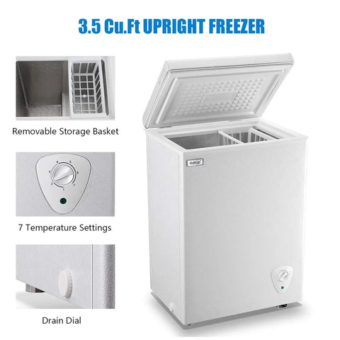 3.5 Cubic Feet Deep Chest Freezer With Adjustable Thermostat Compact Freestanding Mini Freezer In Black with open lid and storage basket.