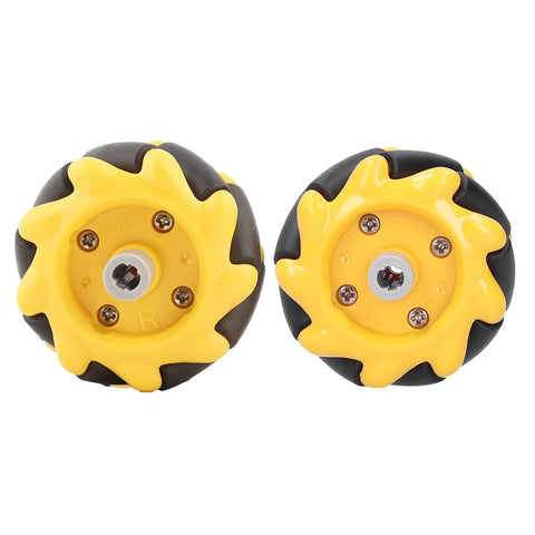 Front view of yellow Omni Directional Mecanum Wheel Set For Smart Robot Car With Rubber Coating 48mm, compatible with TT motors.