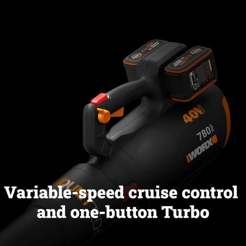 Cordless Leaf Blower With 780 CFM Air Volume And 190 MPH Air Speed Brushless Motor Gas Like Power Quiet 57 DB 40V Battery Powered Includes Two 4.0Ah Batteries And Charger WG582 close-up showing cruise control and turbo button