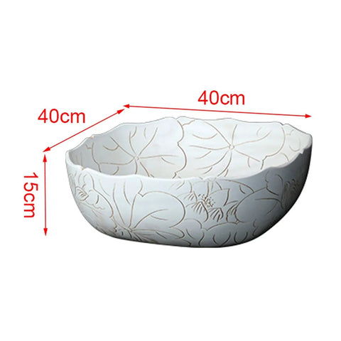 USZWBY Vessel Sinks Vessel Sink Square Vintage Hand Carved Lotus Pattern Countertop Ceramic Bathroom Art Basin Bathroom Bowl Sink, 40cm x 40cm x 15cm.