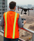 Person with orange vest operating drone, wearing High Visibility Reflective Jobsite Ready Safety Vest With Multi Function Pockets Zipper And Velcro Closure Breathable ANSI Compliant For Construction Traffic Security And Surveying, on construction site.
