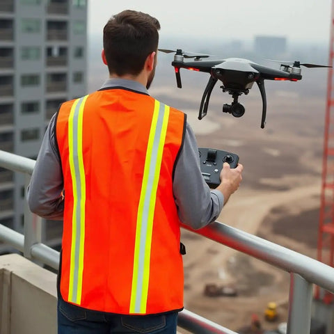 Person with orange vest operating drone, wearing High Visibility Reflective Jobsite Ready Safety Vest With Multi Function Pockets Zipper And Velcro Closure Breathable ANSI Compliant For Construction Traffic Security And Surveying, on construction site.