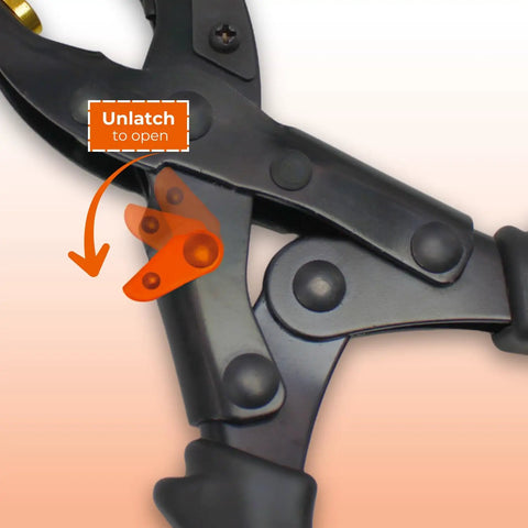 Latch mechanism on the Heavy Duty Revolving Hole Punch Kit With Six Size Heads for belts and leather crafts