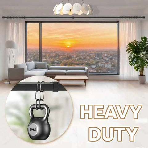 Living room with Outdoor Curtain Rods For Patio Adjustable 32 To 240 Inch Heavy Duty Rod With Wall And Ceiling Mount Matte Black Room Divider shown with weight for sturdiness.
