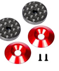 Heavy Duty Carbon Fiber Wing Nuts For Rc Trucks And Buggies, set of two black carbon fiber washers and two red conical spacers with screws.