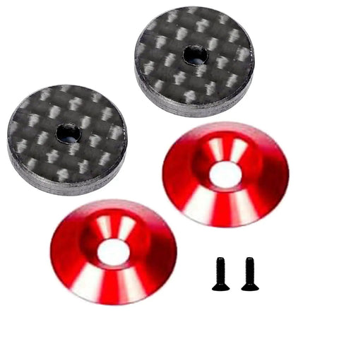 Heavy Duty Carbon Fiber Wing Nuts For Rc Trucks And Buggies, set of two black carbon fiber washers and two red conical spacers with screws.