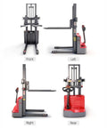 Battery Powered Electric Pallet Stacker Truck With Walk Behind Hydraulic Lift for smooth warehouse moves, viewed from front, left, right, and rear positions.