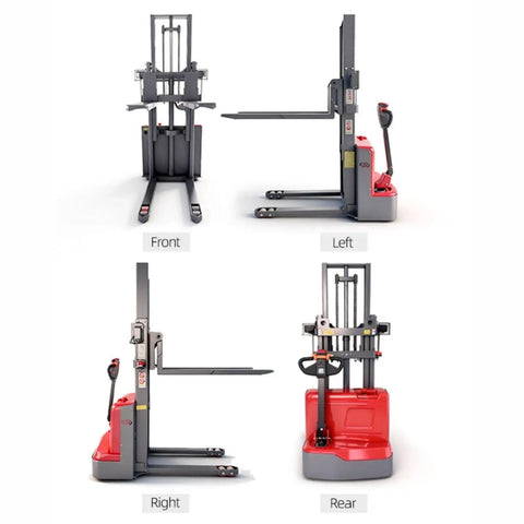 Battery Powered Electric Pallet Stacker Truck With Walk Behind Hydraulic Lift for smooth warehouse moves, viewed from front, left, right, and rear positions.