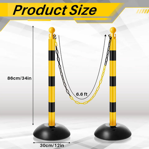Yellow And Black Plastic Stanchion Post Set With 5 Chains And 10 S Hooks For Crowd Control Indoor Outdoor Safety Barriers 34 Inch Posts Easy Assembly Portable Driveway Or Event Traffic Poles Six Pack, two posts with chain