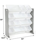 12 Bin Toy Storage Organizer For Kids Playroom, 4-Tier Toy Organizer In Grey And White with dimensions annotated