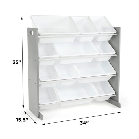 12 Bin Toy Storage Organizer For Kids Playroom, 4-Tier Toy Organizer In Grey And White with dimensions annotated