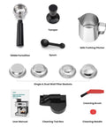 Accessories for Next Level Espresso Machine With Built In Burr Grinder, 20 Bar Killer Coffee Maker, including portafilter, tamper, and milk pitcher.