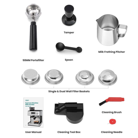 Accessories for Next Level Espresso Machine With Built In Burr Grinder, 20 Bar Killer Coffee Maker, including portafilter, tamper, and milk pitcher.