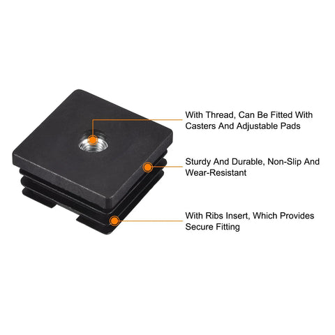 Four Pack M8 Threaded Inserts For One And A Half Inch Square Tube Black Plastic Plug Caster Inserts with thread and ribs