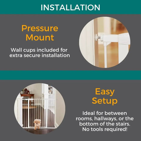 Installation guide for Extra Tall Walk Thru Pet Gate For Large Dogs With Adjustable Pass Through Door Pressure Mounted Safety Barrier.