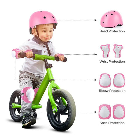 Child wearing pink helmet and protective gear from All In One Kid Friendly Protective Gear Set With Adjustable Bike Helmet And Knee Pads