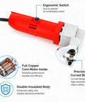 Heavy-Duty Electric Metal Shears With Lightweight Tin Snips Cutter For Thin Plates And Sheet Metal, showing ergonomic switch and copper motor.
