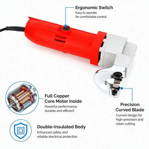 Heavy-Duty Electric Metal Shears With Lightweight Tin Snips Cutter For Thin Plates And Sheet Metal, showing ergonomic switch and copper motor.