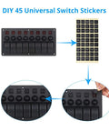 8 Gang Toggle Rocker Switch Panel With Circuit Breaker And Red LED Indicator For 12V And 24V Vehicles Boats RVs Trucks ATVs Yachts And Marine Applications Built Tough Weatherproof Construction With Rubber Seals For Easy Dash Or Console Mounting shown with DIY 45 Universal Switch Stickers