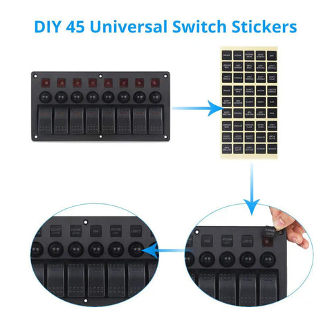 8 Gang Toggle Rocker Switch Panel With Circuit Breaker And Red LED Indicator For 12V And 24V Vehicles Boats RVs Trucks ATVs Yachts And Marine Applications Built Tough Weatherproof Construction With Rubber Seals For Easy Dash Or Console Mounting shown with DIY 45 Universal Switch Stickers