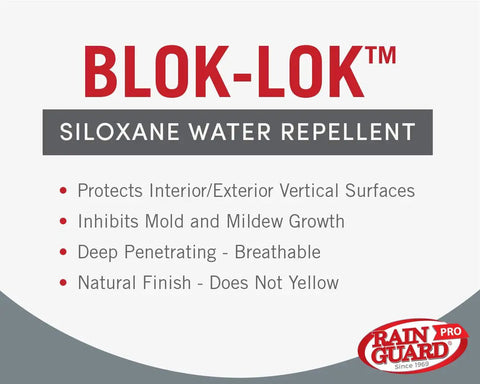 Blok-Lok Siloxane Water Repellent features protecting surfaces and inhibiting mold with natural finish, 1 gallon size.