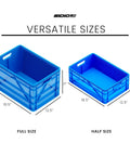 Heavy Duty Stackable Storage Bins With Standard Dividers Rock Solid Blue Plastic Crates showing full and half sizes, dimensions labeled.