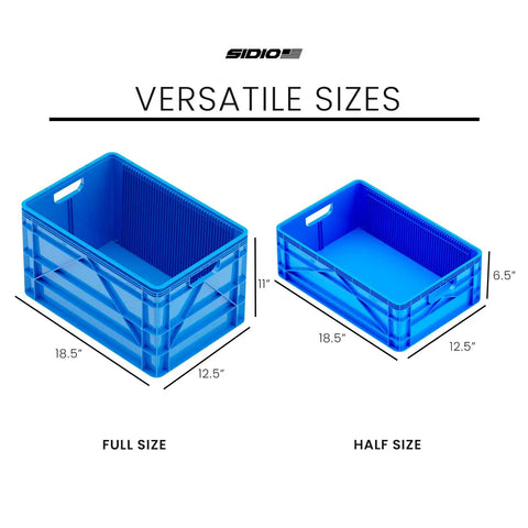 Heavy Duty Stackable Storage Bins With Standard Dividers Rock Solid Blue Plastic Crates showing full and half sizes, dimensions labeled.