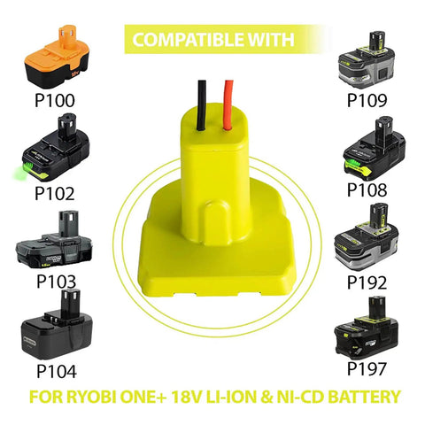 Battery Adapter Conversion Kit With Wire Terminals And Power Connector For DIY Ride On Trucks RC Cars And Robotics Toys displayed among compatible Ryobi One+ batteries.