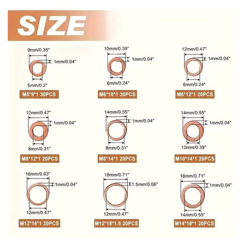 All In One Copper Flat Washer Set Kit With Nine Metric Sizes M5 To M14 100 Or 200 Pieces Durable Sealing Washers For Hardware Plumbing DIY Projects Heavy Duty Copper Washers For Tight Fits, size chart