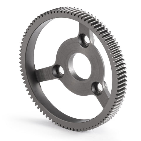 Beefed Up Metal RC Spur Gear Set 48P 74T 76T 83T 86T 90T For One Tenth Scale Traxxas Slash 2WD Rustler Stampede Bandit Telluride Drag RC Cars Upgrade Parts Durable Aluminum Construction For Maximum Durability And Smoother Shifts. Image shows a close-up of a durable aluminum gear with precise teeth and central holes.