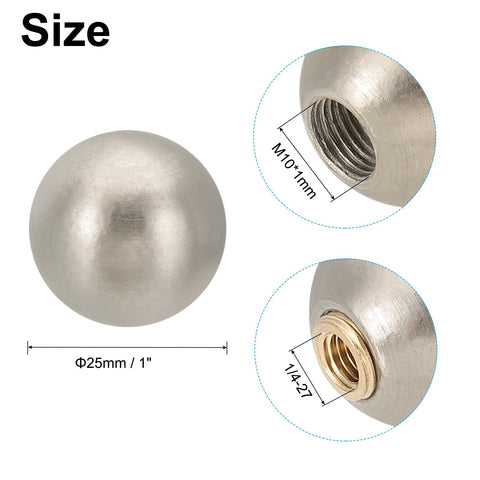 Close-up of 25mm Ball Finial Cap Knob Set in Nickel Color with dual thread design showing 1/4-27 and M10 fits, solid brass metal.
