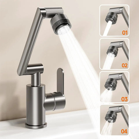 Close-up of Adjustable 360 ° Swivel Kitchen Faucet with 4m Jet Retractable Robotic Arm Black Finish showcasing water spray modes.