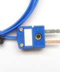 Close-up of Six Foot Type T Thermocouple With PFA Insulated Probe, blue wire and miniature connector for temperature sensing
