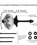 Detailed view of a Handmade Spade Black And White Ceramic Cabinet Knob with size dimensions and hardware components displayed.
