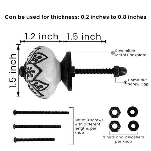 Detailed view of a Handmade Spade Black And White Ceramic Cabinet Knob with size dimensions and hardware components displayed.
