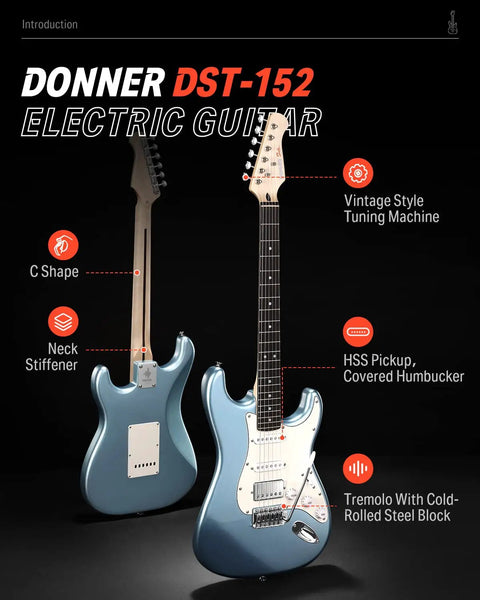 Front and back view of 39 Inch Beginner Electric Guitar Kit With Korea Made HSS Pickup And Coil Split in Metallic Ice Blue finish.