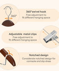 Diagram showing Heavy Duty Wooden Hangers With Clips 24 Pack Premium Walnut Wood Hangers features of 360 swivel hooks and adjustable metal clips.