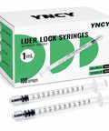 100 Pack 1ml Luer Lock Syringe No Needle, 1cc Small Syringes Individually Sterile Wrapped, Twist Tip, Bulk Medical Dosing Tools for Safe Precise Applications. Box and two syringes