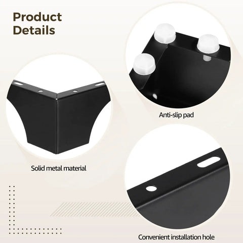 Product details of Beefy Heavy Duty Metal Furniture Legs Set 4 Pack in Matte Black, showing anti-slip pad and installation hole.