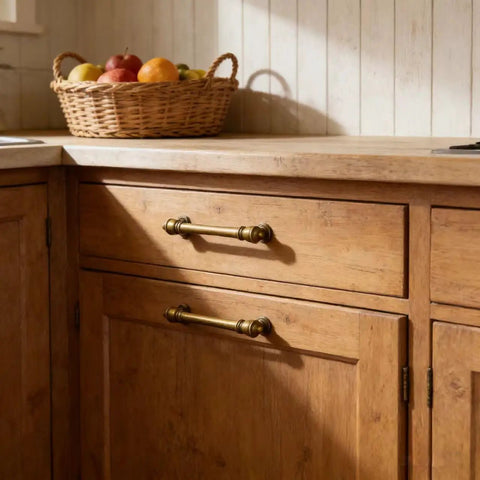 Heavy Duty Vintage Antique Brass Cabinet Pulls Ten Pack With Five Inch Hole Spacing on wooden kitchen drawers with fruit basket.