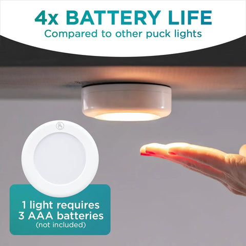 Stick On LED Puck Lights With Remote, Battery Powered Wireless Cabinet Lighting, 2 Pack shown under a cabinet, hand beneath light