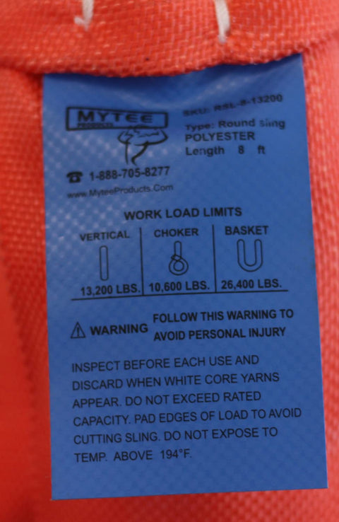 Label on red Endless Round Sling 12 Foot Red With Hook Combo 13,200 Lbs WLL For Crane Rigging Hoist showing load limits.